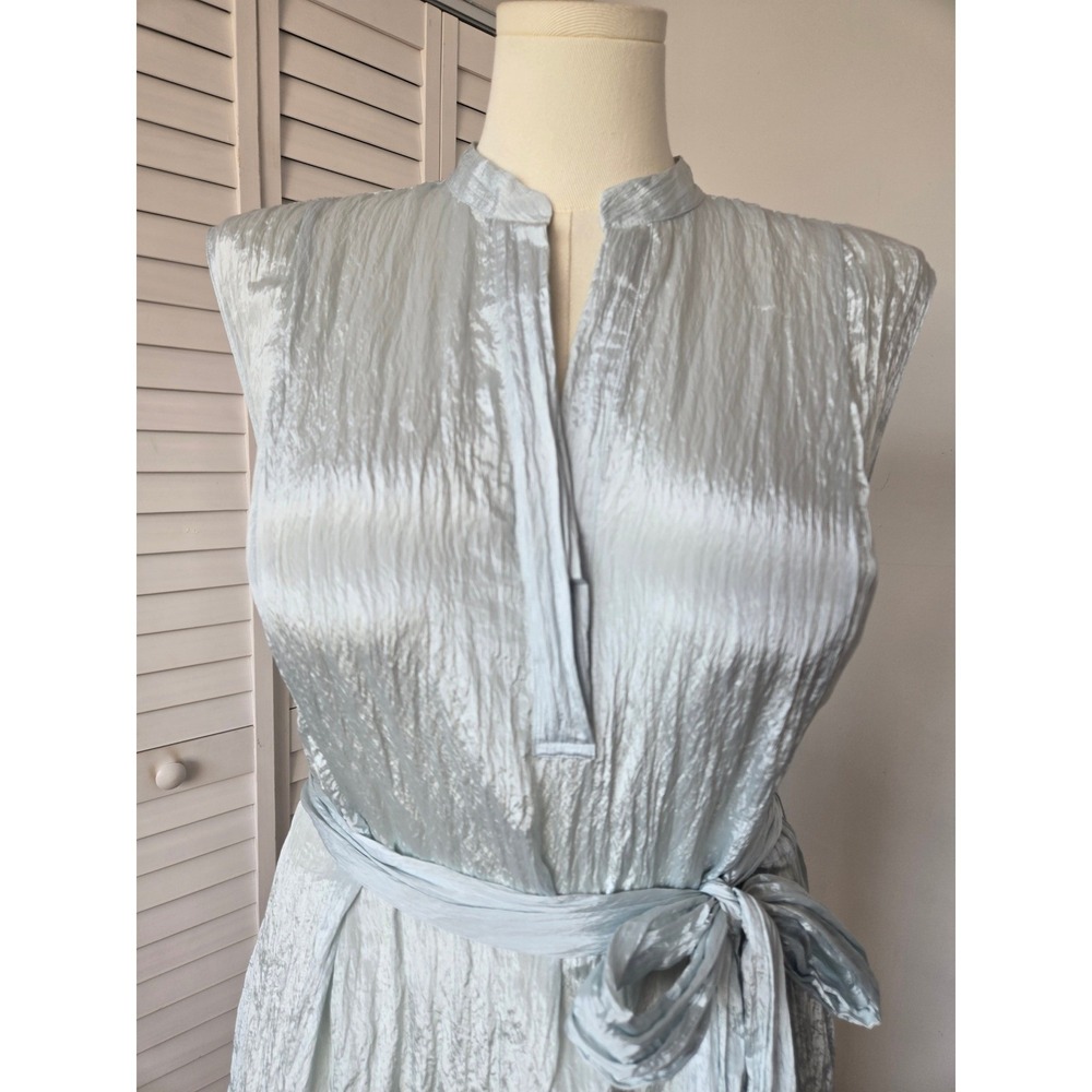 Vince Mint Crinkled Popover Midi Dress Size L Belted Pockets Minimalist Luxury - Picture 4 of 9